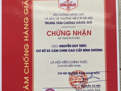 Giấy chứng nhận chống hàng giả của CSSX Cám Chim Cao Cấp Bình Dương